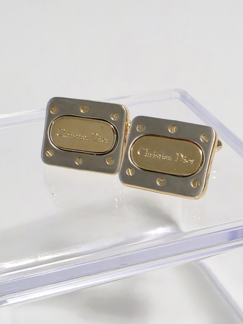 Christian Dior Gold Silver Tone Rectangular Cufflinks Accessories DIY